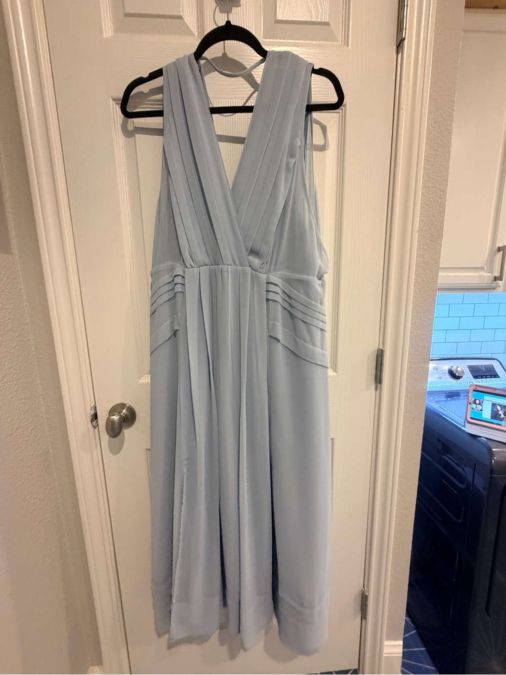 White House Black Market Light Blue Pleated V-Neck Maxi Dress